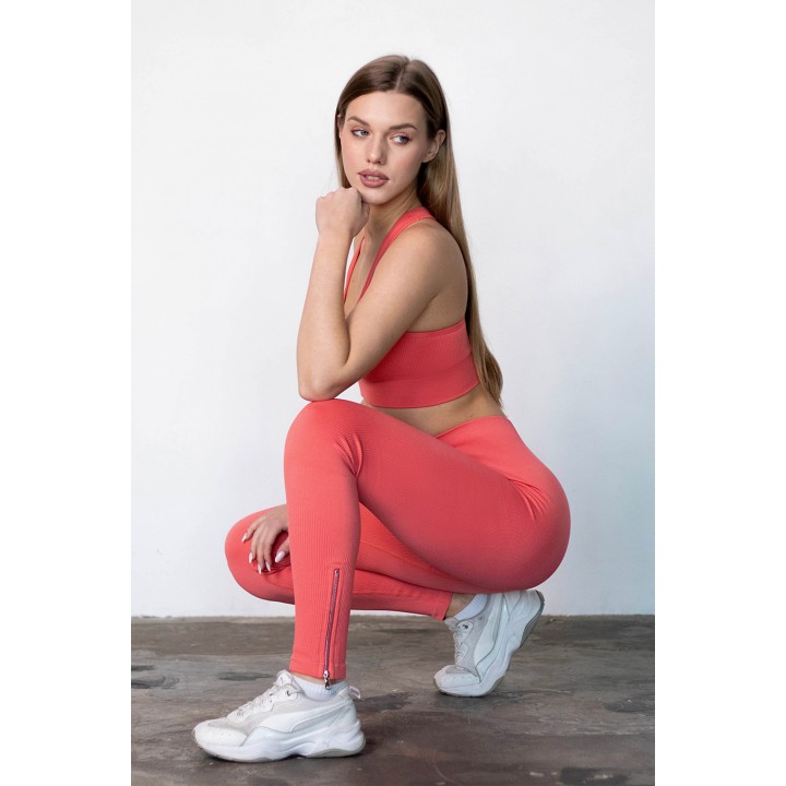 Легінси жіночі обтислі Flexit Urban Chic, декоративні блискавки знизу штанин, високий пояс coral M